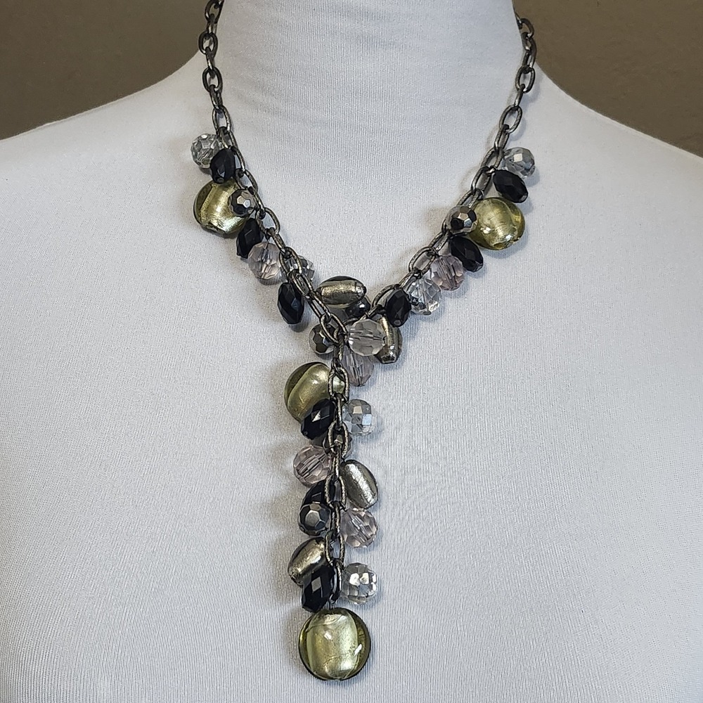 Rustic Silver Tone Y Drop Glass‎ Bead Necklace